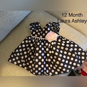 Laura Ashley Black and White Polka Dot Dress with Pink Flower